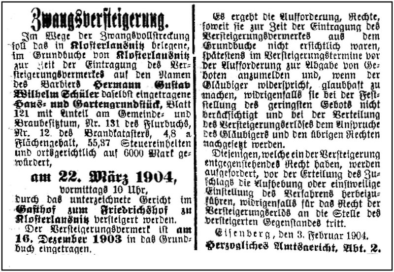 1904-02-03 Kl Zwangsversteigerung Schueler